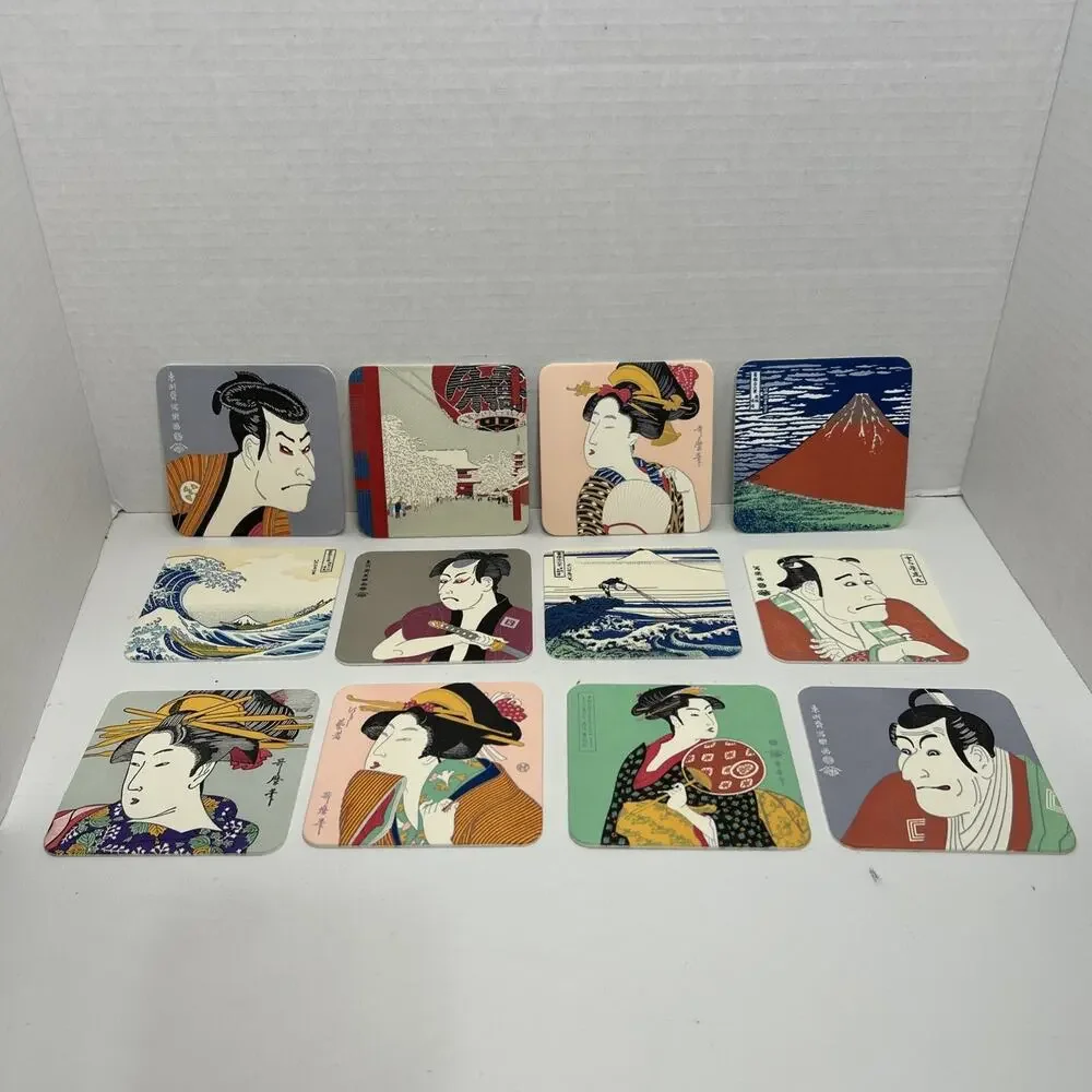 Vtg Ukiyoe Japanese Fine Art Paper Coasters Box Set of 12 Unused Complete